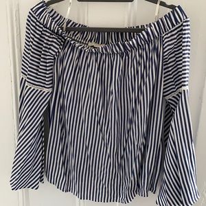 Off the shoulder blue striped shirt, bell sleeves